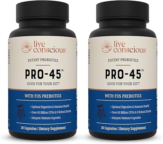 PRO45: Fórmula Probiótica, 45 Bilhões UFC, 11 Cepas Abrangentes. Sem Lactose. Cápsulas Vegetais de Liberação Retardada. Promove Saúde Imunológica e Digestiva. 60 Cápsulas - Live Conscious