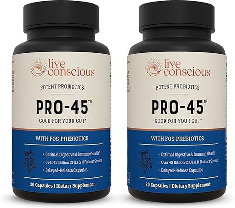 PRO45: Fórmula Probiótica, 45 Bilhões UFC, 11 Cepas Abrangentes. Sem Lactose. Cápsulas Vegetais de Liberação Retardada. Promove Saúde Imunológica e Digestiva. 60 Cápsulas - Live Conscious