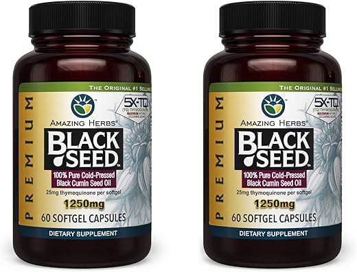Óleo de Semente de Cominho Preto Premium Amazing Herbs – Alta Potência, Extraído a Frio de Nigella Sativa Auxilia na Saúde Digestiva, Suporte Imunológico – 60 Cápsulas