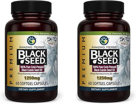 Óleo de Semente de Cominho Preto Premium Amazing Herbs – Alta Potência, Extraído a Frio de Nigella Sativa Auxilia na Saúde Digestiva, Suporte Imunológico – 60 Cápsulas