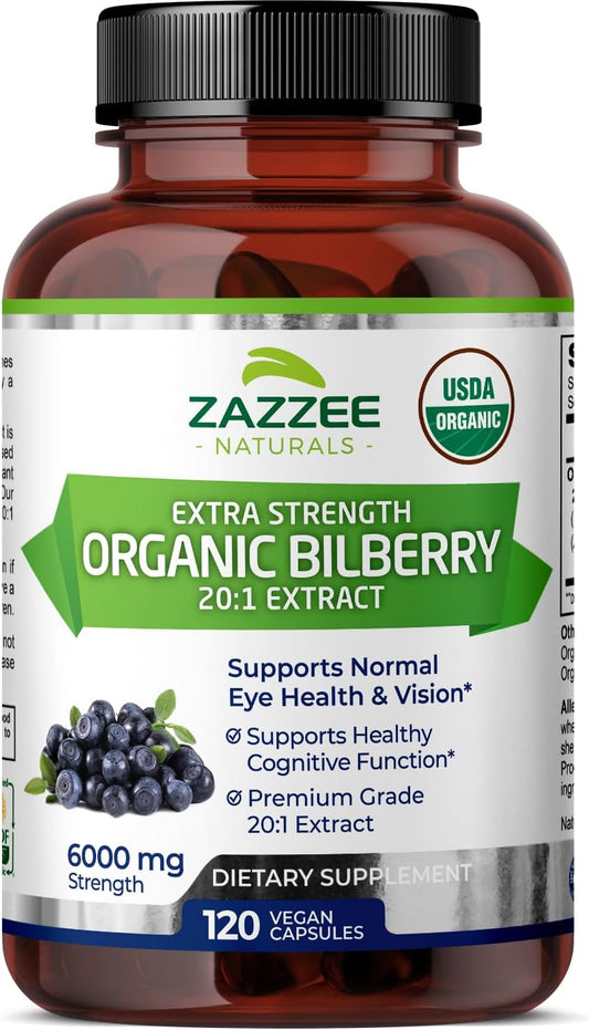 Extrato de Mirtilo Orgânico USDA 20:1, 6000 mg de Força, 120 Cápsulas Veganas, Suprimento de 4 Meses, Extrato Padronizado e Concentrado 20X, 100% Vegetariano, Natural - Zazzee