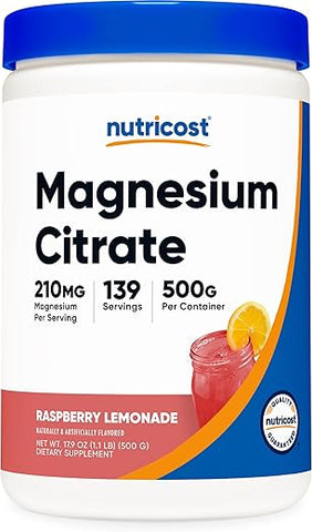 Magnesium Citrate Powder (Framboesa Limonada, 500g) – Pó de Citrato de Magnésio para Saúde e Bem-Estar - Nutricost