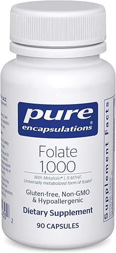 Suplemento de Saúde Cardíaca Pure Encapsulations Folate 1000 – Metafolin L-5-MTHF – Suplemento de Folate – Não-OGM