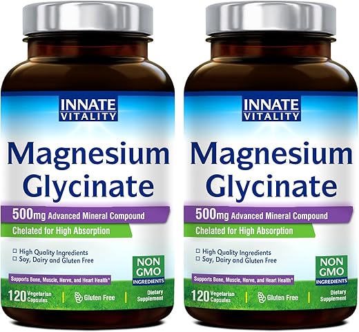 Suplemento de Magnésio Glicinato 500mg, Alta Absorção, Marca Innate Vitality – Não-OGM