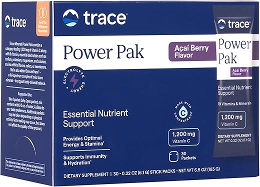 Power Pak Pó Eletrólito | 1200 mg Vitamina C, Zinco, Magnésio | Fortaleça a Imunidade, Hidratação e Energia Natural | Açaí | 30 Pacotes - Trace Minerals