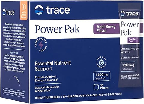Power Pak Pó Eletrólito | 1200 mg Vitamina C, Zinco, Magnésio | Fortaleça a Imunidade, Hidratação e Energia Natural | Açaí | 30 Pacotes - Trace Minerals