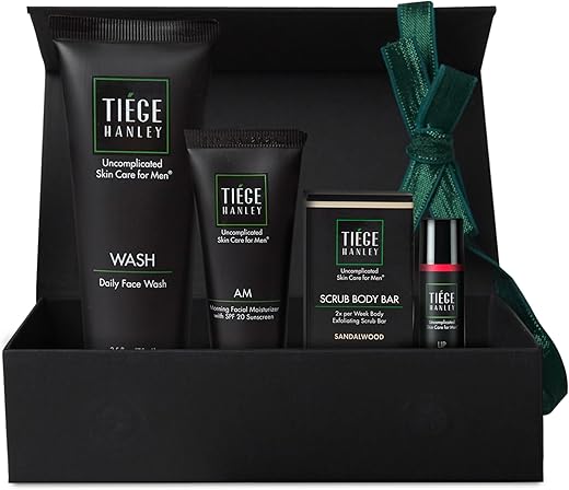 Conjunto de Presente Tiege Hanley para Cuidados com a Pele Masculina, Bronze – Inclui Sabonete Facial, Hidratante Facial com FPS 20, Esfoliante Corporal em Barra