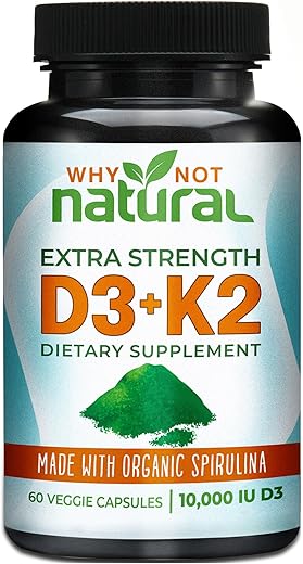 Why Not Natural - Vitamina D3 K2 (MK-7) com Spirulina Orgânica, 10000 UI Suplemento Extra Forte em Cápsulas Vegetais, Suporta Saúde Óssea, Sistema Imunológico e Humor