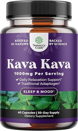 Natures Craft - Kava Kava Cápsulas – Suporte para o Humor com Raiz de Kava – 1000mg por Porção – Ação Rápida – Relaxante e Calmante – Extrato de Kava Adaptógeno para Estresse e Foco – 60 Cápsulas