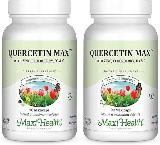 Quercetin 500mg com Zinco 30mg, Vitamina C 1000mg, Vitamina D 2500 UI, Sabugueiro 125mg – Suplemento Vegetariano para Adultos Certificado Kosher – 90 Cápsulas Vegetais - Maxi Health