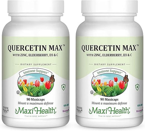 Quercetin 500mg com Zinco 30mg, Vitamina C 1000mg, Vitamina D 2500 UI, Sabugueiro 125mg – Suplemento Vegetariano para Adultos Certificado Kosher – 90 Cápsulas Vegetais - Maxi Health