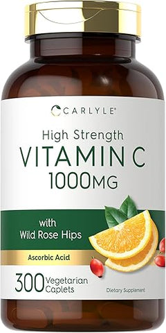 Vitamina C 1000mg | 300 Cápsulas Vegetarianas | Ácido Ascórbico com Rosa Mosqueta | Fórmula de Alta Potência | Suplemento Livre de OGM e Glúten - Carlyle