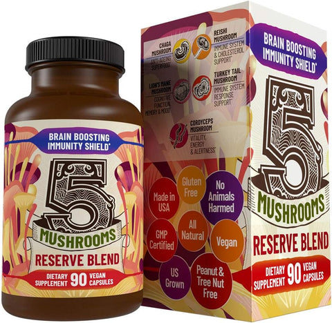 Hippie Farms - Blend de 5 Cogumelos Reserva – Leão da Montanha, Rabo de Peru, Reishi, Chaga, Cordyceps – Sistema Imunológico, Cérebro, Cognição, Energia, Suporte de Humor