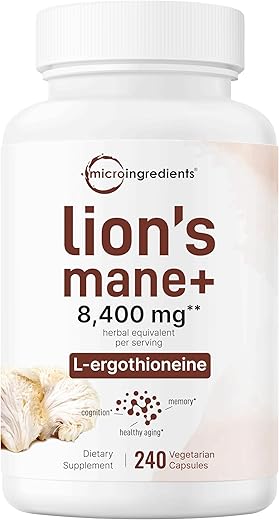 Micro Ingredients - Lions Mane 8,400 mg | 240 Cápsulas Vegetais com L-Ergotioneína | Antioxidantes de Cogumelo Superfood para Envelhecimento Saudável