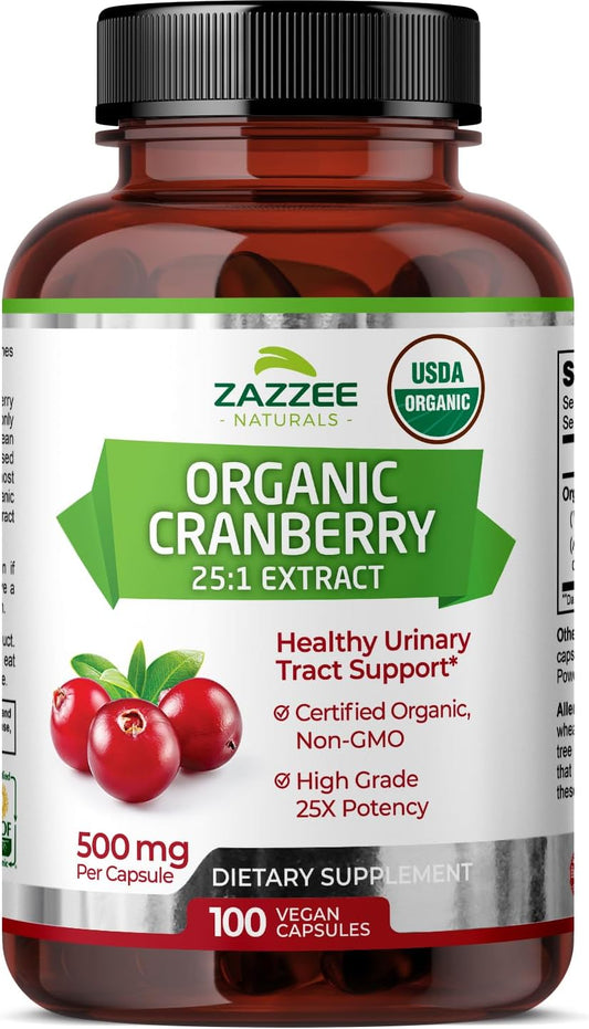 Extrato Orgânico de Cranberry USDA 25:1, 12.500 mg de Força, 100 Cápsulas Veganas, Suprimento para mais de 3 Meses, Concentrado Padronizado 25X, 100% Vegetariano, Certificado - Zazzee