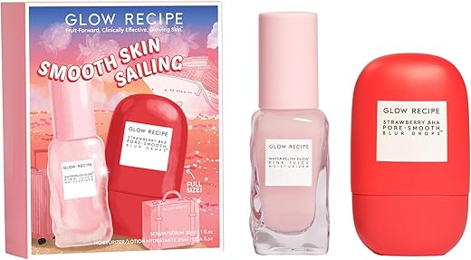 Conjunto de cuidados com a pele Glow Recipe Smooth Skin Sailing – Hidratante Facial Watermelon Glow Pink Juice (25ml) + Redutor de Poros Strawberry BHA (30ml)