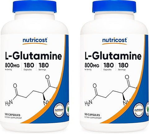 L-Glutamina 800mg, 180 Cápsulas (2 Frascos) – Aumente sua performance! - Nutricost