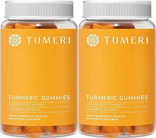 TUMERI - Gummies de Cúrcuma e Gengibre – Suporte Articular com Curcumina – 60 Unidades de Gummies Veganos com Sabor Natural de Frutas Tropicais – Embalagem com 2 Unidades