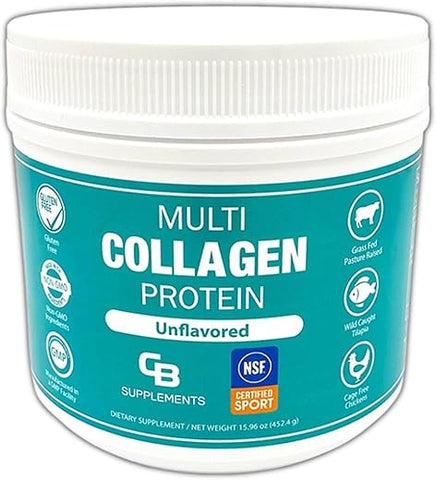 CB Supplements - Colágeno Multi Certificado NSF para Esportes em Pó – Suporte Ósseo, Pele, Cabelo e Articulações | Suplemento de Colágeno Hidrolisado (58 Porções – Embalagem de 1 unidade, Sem Sabor)