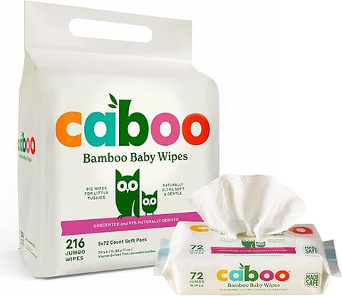 Lenços Umedecidos para Bebês, 216 Unidades, Sem Perfume, Eco-Friendly, Feitos com Viscose de Bambu, Livres de Produtos Químicos Agressivos, Fórmula para Pele Sensível à Base de Plantas, Certificados BRC, FSC, FDA e ISO - Caboo