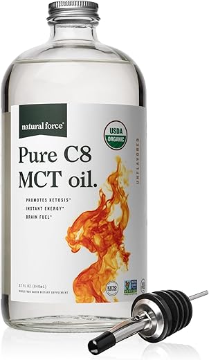Óleo de MCT Puro C8 Orgânico Natural Force – Frasco de Vidro – Ácido Caprílico Concentrado – Keto, Paleo, Kosher, Vegano – 100% Natural