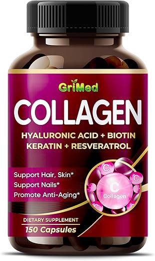 Colágeno Orgânico 6.419 mg com Ácido Hialurônico, Biotina, Queratina, Resveratrol – Vitaminas para Cabelo, Pele e Unhas – Fabricado nos EUA (90 Comprimidos) - GriMed
