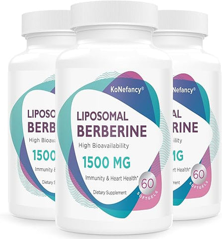 KoNefancy - Berberine HCL 1500mg – Cápsulas Lipossomais de Alta Bioatividade para Mulheres e Homens, Ativador AMPK para Saúde Cardiovascular, Sem Açúcar, Não-OGM, 180 Softgels