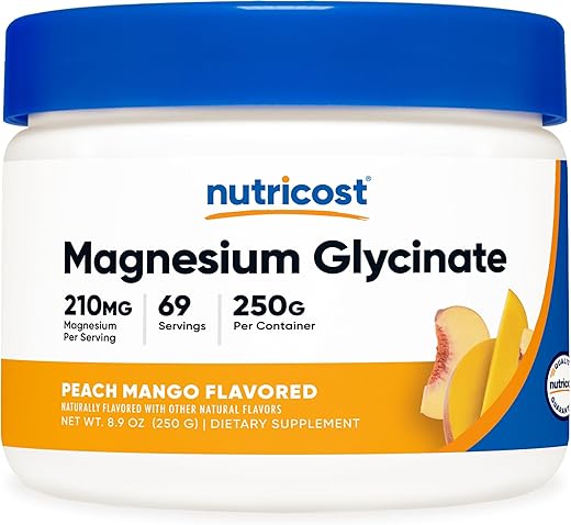 Magnesium Glycinate em Pó (Pêssego Manga, 250g) – Bisglicinato de Magnésio - Nutricost