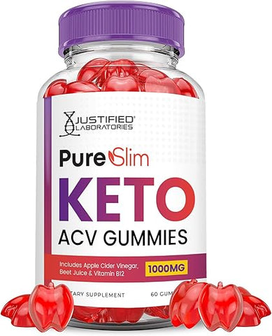 Justified Laboratories - Pure Slim Keto ACV Gummies 1000MG Fórmula Avançada PureSlim Keto Gummies Vinagre de Maçã com Romã e Beterraba em Pó B12 Vegano Não GMO 60 Gomas