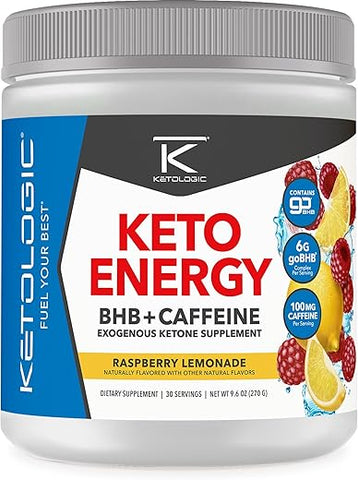 Ketologic - KetoLogic BHB KetoEnergy em Pó de Cetonas Exógenas com Cafeína | Framboesa Limonada – 30 Porções | Suporta Dieta Low Carb, Keto