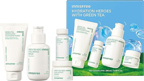 Kit de Rotina innisfree Hydration Heroes com Chá Verde: Sérum, Cleanser, Toner e Creme (Embalagem Pode Variar) – Cuidados com a Pele Coreanos