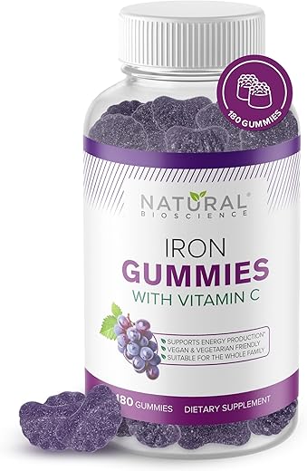 Natural BioScience - Gummies de Ferro com Vitamina C – Suplemento Mastigável para Anemia por Deficiência de Ferro, Suporte às Células Vermelhas do Sangue, Energia, Função Imunológica, Saúde Cerebral, Máxima Absorção, Sabor Uva, 60g
