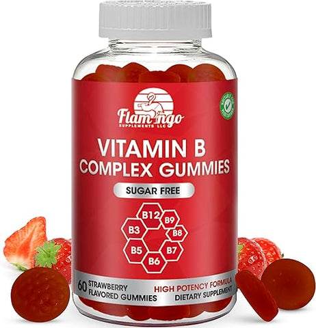Flamingo Supplements - Gomas de Vitamina B Complexo sem Açúcar – B12, B7, B6, B3 (Niacina), B5, B8, B9 (Ácido Fólico) – Testadas por Terceiros – Pré-Natal, Dieta Vegana, Idosos – Complexo de Vitaminas B