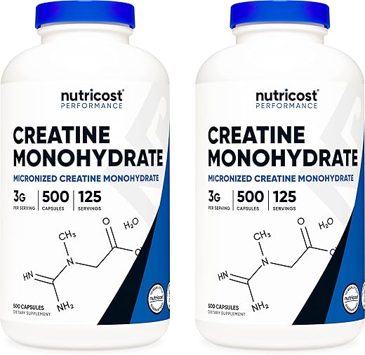 Creatine Monohydrate 3000mg por Porção, (750mg por Cápsula), 500 Cápsulas (2 Frascos) – Aumente seu Desempenho - Nutricost