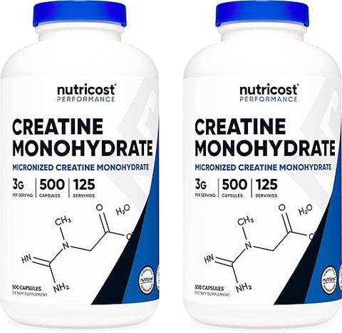Creatine Monohydrate 3000mg por Porção, (750mg por Cápsula), 500 Cápsulas (2 Frascos) – Aumente seu Desempenho - Nutricost