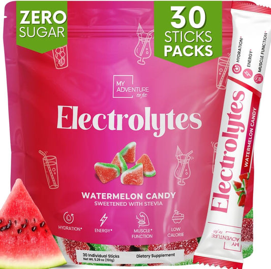 My Adventure to Fit - Pacotes de Pó de Melancia Zero Açúcar com Eletrólitos (30 Unidades) – Ingredientes Naturais, Energia Livre de Cafeína para Hidratação Refrescante – Vegano, Keto, Paleo Sem Açúcar