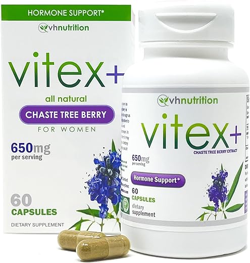 VITEX | Suplemento de Vitex Chasteberry para Mulheres | Equilíbrio Hormonal* e Suporte à Fertilidade* | 650mg por Porção de Extrato de Bagas de Vitex em Pó | 60 Cápsulas - VH Nutrition