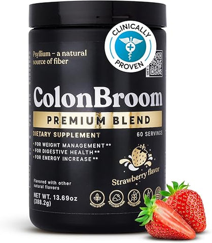 Premium – Suplemento para Gerenciamento de Peso (Morango) – Bebida em Pó de Fibra de Casca de Psyllium Colon Broom – Livre de Glúten, Não-OGM – Limpeza do Cólon para Alívio de Inchaço – 100g - ColonBroom