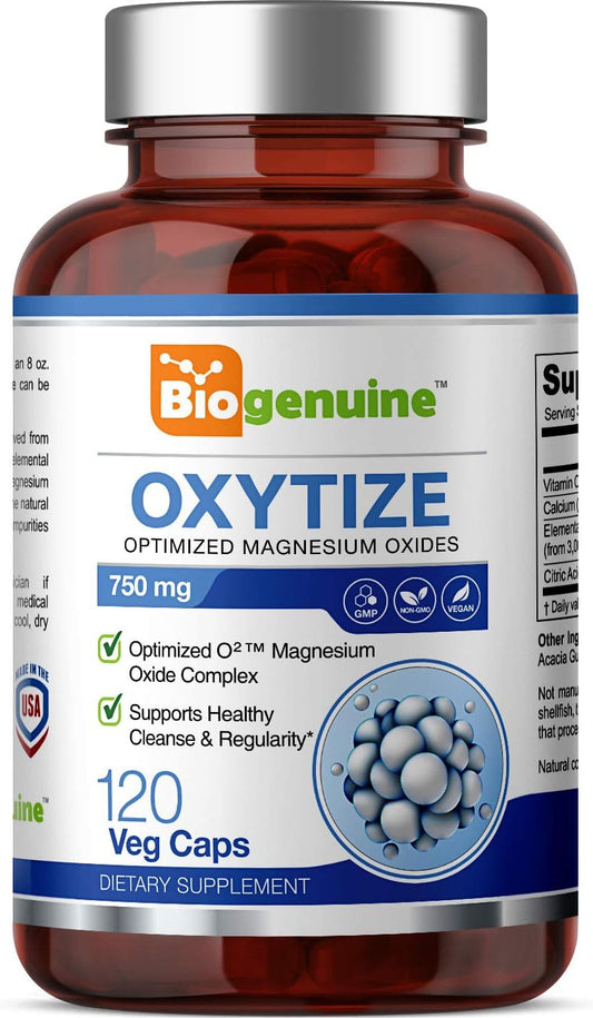 Biogenuine - Oxytize 750 mg 120 Vcaps – Limpeza Suave do Cólon à Base de Oxigênio com Óxido de Magnésio Natural – Favorece a Regularidade do Trato Digestivo Saudável