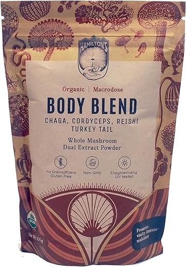 Hamilton's - Hamilton’s Body Blend | Pó de Extrato de Cogumelo Orgânico | Chaga, Cordyceps, Reishi, Turkey Tail | Suporte Imunológico, Resistência e Redução do Estresse | Alta Potência | 30% Beta Glucanos | GF | 100g