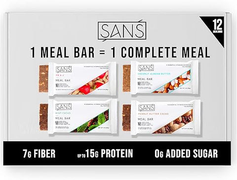 Barra de Proteína Substituta de Refeição SANS, Sem Glúten, Lanches Saudáveis Ricos em Proteínas, Alto Teor de Fibra, Sem Adição de Açúcar, Sem Laticínios, Sem Soja, Pacote Variado, 12 Barras