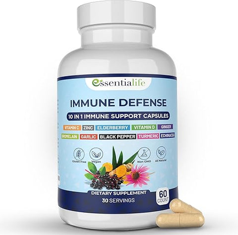 Essentialife - Suplemento 10 em 1 para Suporte Imunológico: Sabugueiro, Equinácea, Vitamina D, Vitamina C 1000mg
