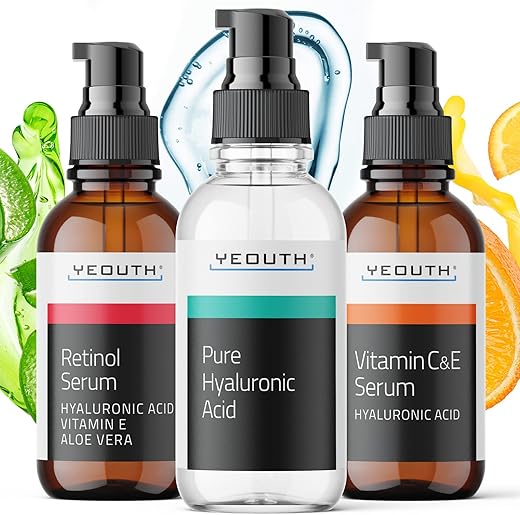 Serum Retinol para o Rosto, Serum Vitamina C para o Rosto com Ácido Hialurônico, Serum Retinol para o Rosto, Serum Vitamina C para o Rosto Mulheres, Kit Cuidados com a Pele 3×30 ml - YEOUTH
