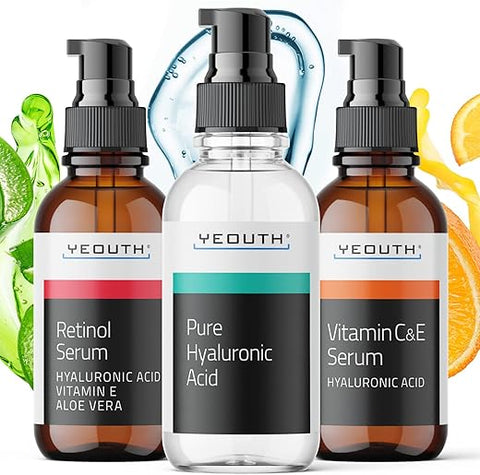 Serum Retinol para o Rosto, Serum Vitamina C para o Rosto com Ácido Hialurônico, Serum Retinol para o Rosto, Serum Vitamina C para o Rosto Mulheres, Kit Cuidados com a Pele 3×30 ml - YEOUTH