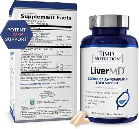 1MD Nutrition - 1MD LiverMD – Suplemento de Suporte ao Fígado | Extrato de Cardo Mariano Siliphos – Altamente Bioacessível, para Suporte ao Fígado | 60 Cápsulas