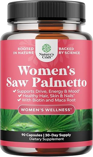 Natures Craft - Saw Palmetto Extra Forte para Mulheres – Bloqueador de DHT Restaurador de Vitaminas para a Saúde Capilar – Cápsulas de Saw Palmetto Puro de 500mg com Raiz de Maca