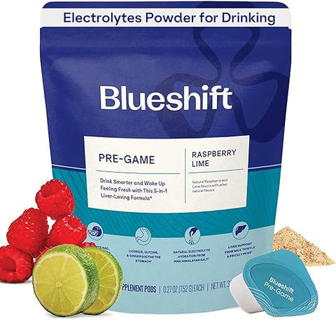 Pre-Game – Suplemento Pré-Jogo para Beber, Pacotes de Pó de Eletrólitos, Pacotes de Hidratação, Suporte Hepático Pré-Álcool com Gengibre, Cisteína, Cardo de Leite, Pó Sem Açúcar - Blueshift