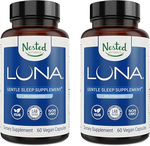 Luna Pack de Dois, Suplemento Noturno para Adultos, Cápsula Herbal para Dormir, Raiz de Valeriana com Camomila, Melissa, Sem Melatonina, Livre de OGM e Glúten - Nested Naturals