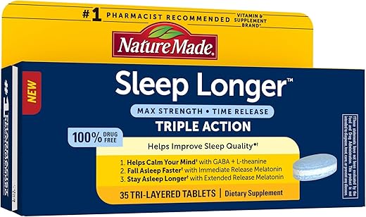 Sleep Longer: Melatonina 10mg Liberação Prolongada Tri-Camada, Melhora a Qualidade do Sono, Adormeça Mais Rápido, Fique Dormindo por Mais Tempo, L-Theanina e GABA para Ajudar a Relaxar - Nature Made