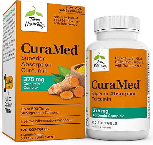 CuraMed 375 mg Complexo de Curcumina – 120 Softgels – Absorção Superior BCM-95 – Não-OGM, Sem Glúten, Halal – 120 Porções - Terry Naturally